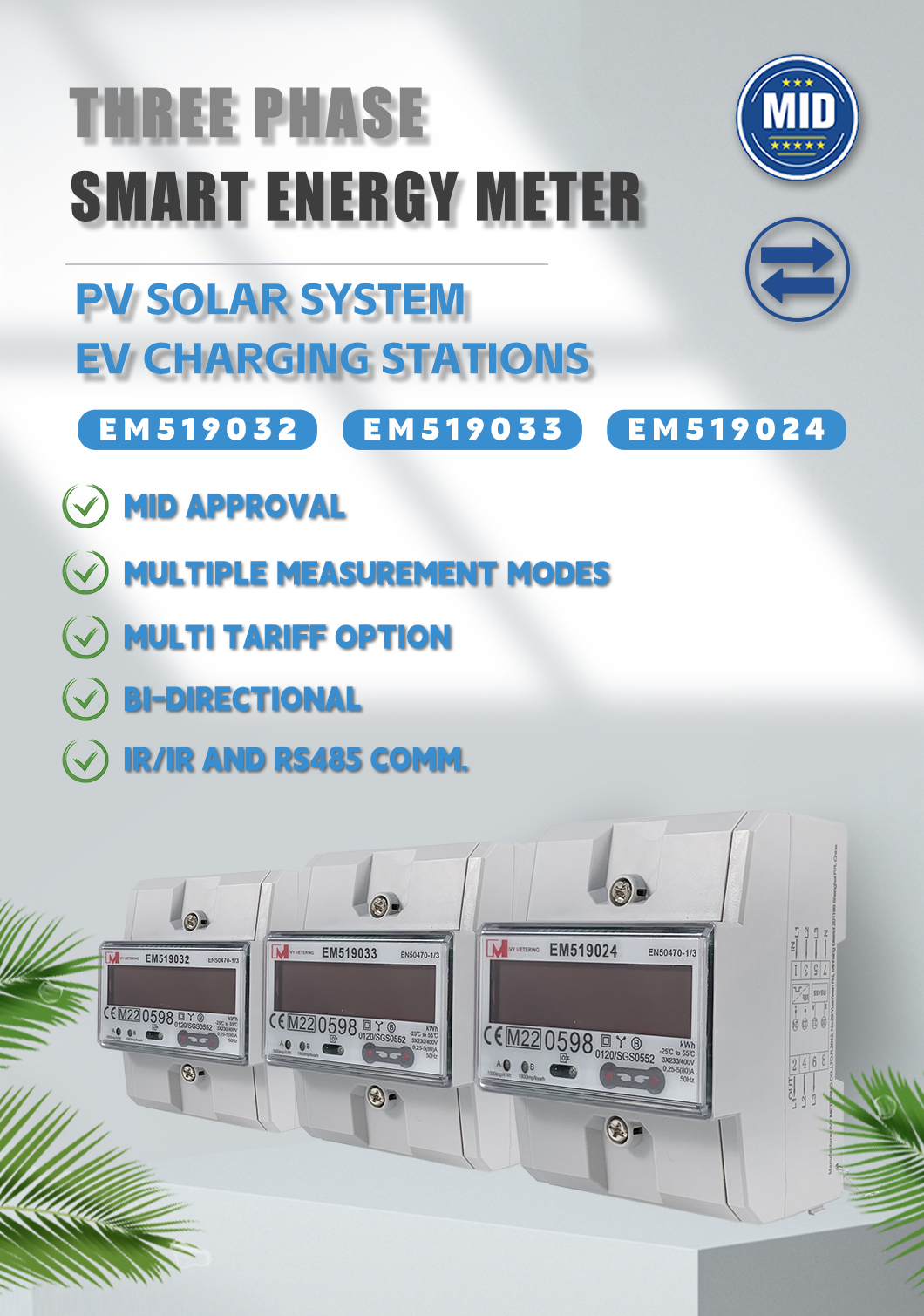 EM519024 MID Certificate 3 Phase Multi Functional KWH Energy Meter For EV Charger
